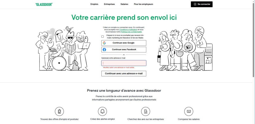 واجهة موقع Glassdoor لإمكانية البحث عن فرص العمل في فرنسا