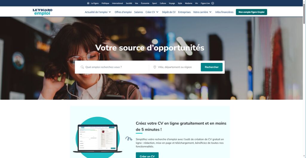 واجهة موقع Le Figaro Emploi أحد مواقع البحث عن فرص العمل في فرنسا