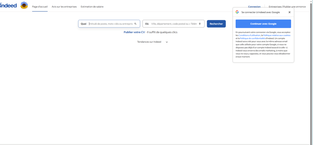 واجهة موقع indeed أشهر مواقع البحث عن فرص العمل في فرنسا 