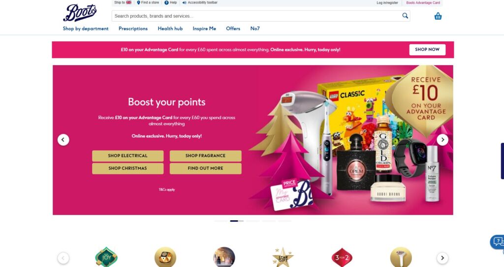 واجهة متجر Boots  الإلكتروني في المملكة المتحدة 