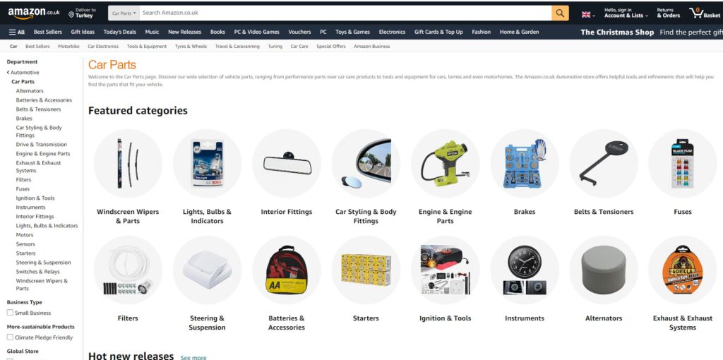 واجهة موقع Amazon UK  لبيع قطع تبديل السيارات